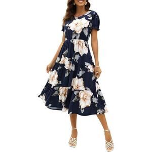 Navins Women Floral Print Puff Sleeve Tiered A-Line Swing Midi Dress Pockets XL